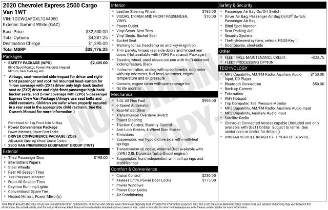 2020 Chevrolet Express 2500 Work Van Cargo