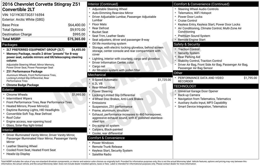 2016 Chevrolet Corvette Stingray Z51 2LT