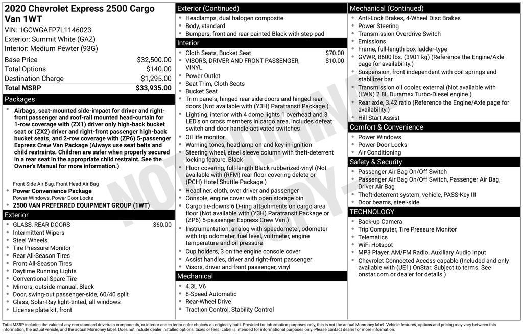 2020 Chevrolet Express Cargo 2500 Base